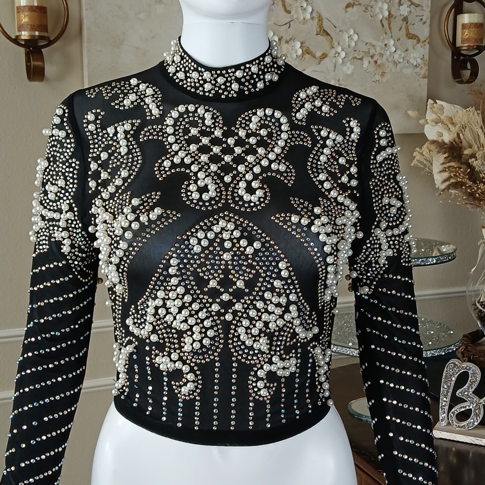 Banjul Black Beaded Long-Sleeve Crop Sheer Cocktail Mock Neck Top. Size M - Picture 3 of 17